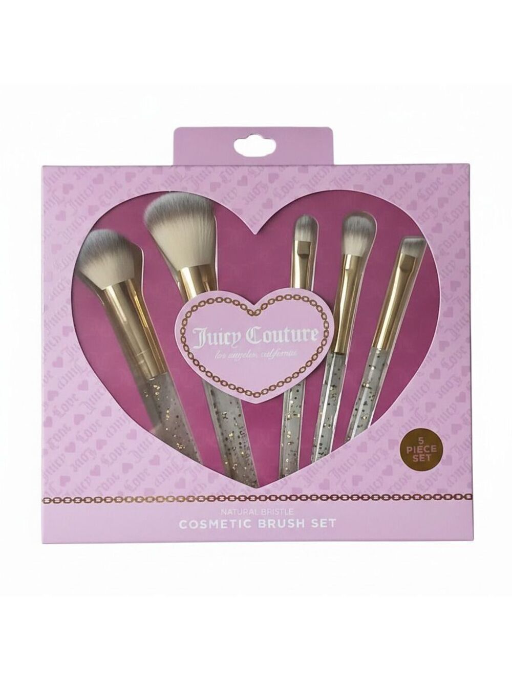 Juicy Couture 5 Pc Natural Bristle Makeup Brush Set Pink Gold Glitter New